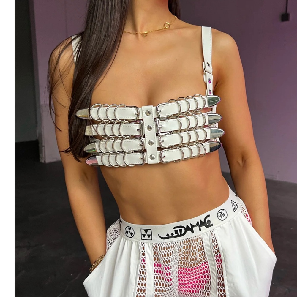 White Strappy Crop Top with Silver Accents